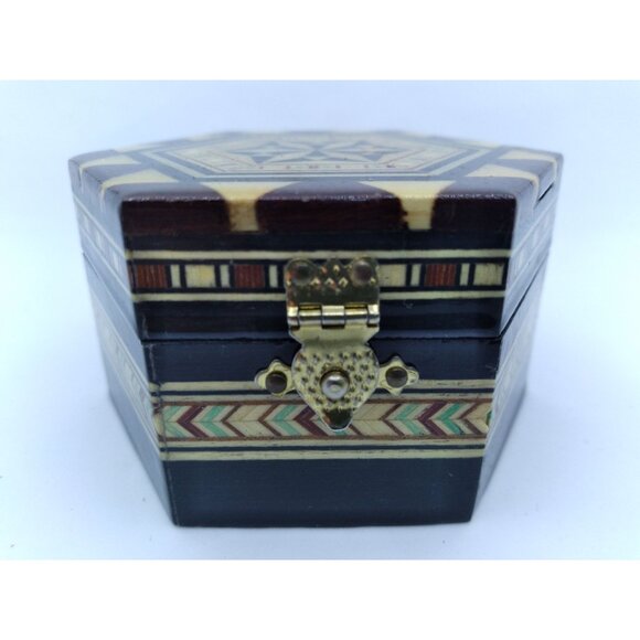 Handmade Taracea Wooden Moorish style 3.25" Hexagon trinket Box From Spain - Picture 12 of 12